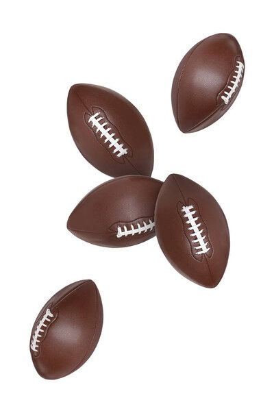 Many American football balls flying on white background
