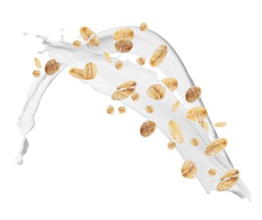 Yuvarlanmış yulaf ve süt damlaları beyaza izole edilmiş.