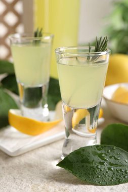 Lezzetli limoncello likörü ve yeşil yapraklar açık dokulu masa, yakın çekim