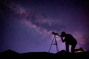 Astronom teleskopla gökyüzüne bakıyor. Metin için boşluk