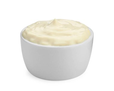 Tasty mayonnaise in bowl isolated on white