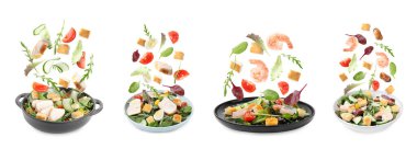 Beyaz arka planda lezzetli salatalarla bulaşık takımına düşen malzemeler, set