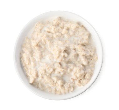 Lezzetli kaynamış yulaf ezmesi, beyaz, üst manzara.