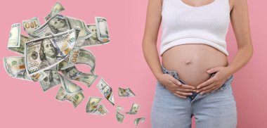 Taşıyıcı anne ve pembe arka planda uçuş parası, yakın plan. Pankart tasarımı