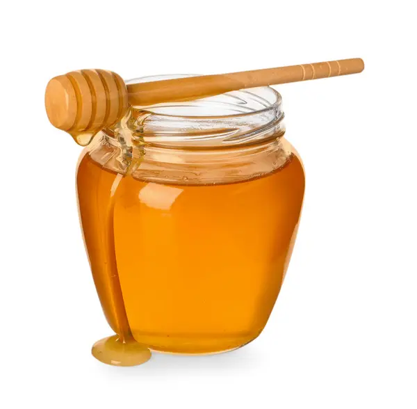 Smaklig Honung Glasburk Och Dipper Isolerad Vit — Stockfoto