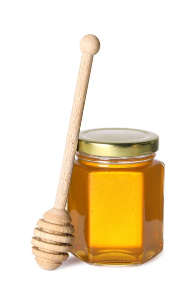 Tasty Natural Honey Glass Jar Dipper Isolated White — Stock Photo, Image