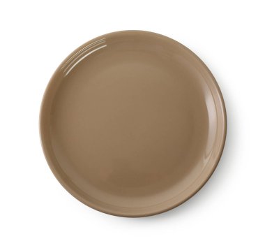 Bir açık kahverengi seramik tabak beyaz, üstten görünüyor.