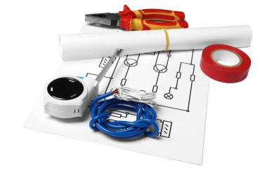 Kablo şeması, kablolar ve mezura beyaza izole edildi