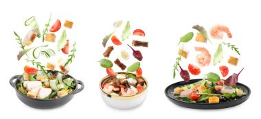 Beyaz arka planda lezzetli salatalarla bulaşık takımına düşen malzemeler, set