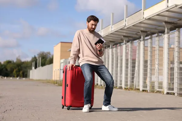 Being Late Worried Man Red Suitcase Passport Outdoors — Stock Photo, Image