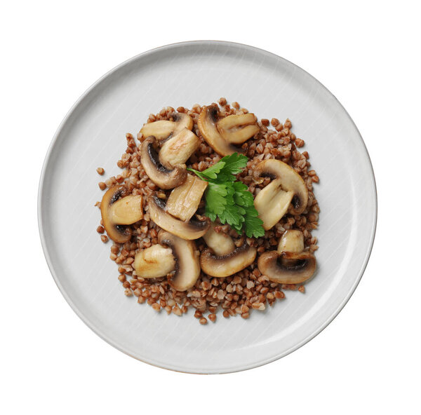 Tasty buckwheat with fresh parsley and mushrooms isolated on white, top view