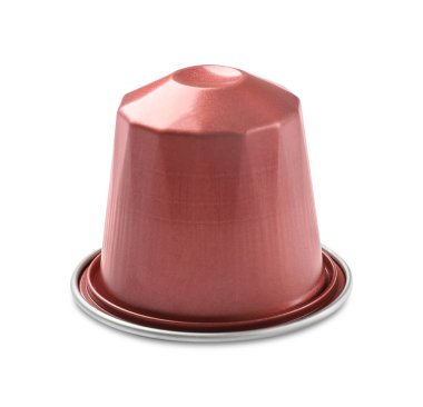 Bir plastik kahve kapsülü beyaza izole edilmiş.