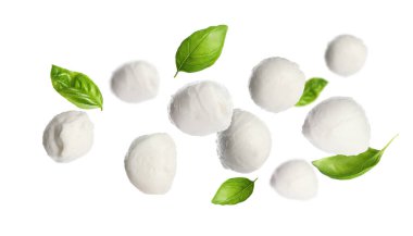Mozzarella topları ve fesleğen yaprakları beyaz arka plana düşüyor
