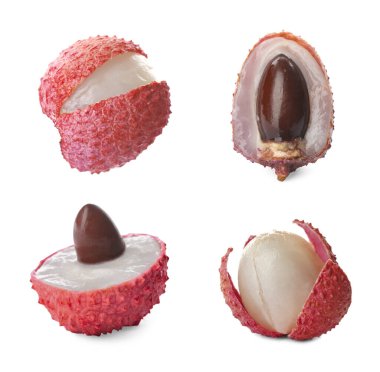 Taze lychees beyaz üzerinde izole, koleksiyon. Tropik meyve