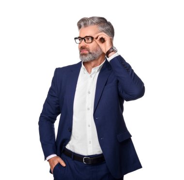 Beyaz arka planda gözlüklü ciddi bir adamın portresi. Avukat, işadamı, muhasebeci ya da yönetici.