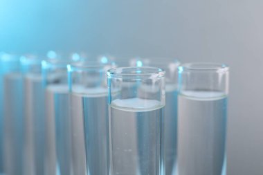 Laboratuvar analizi. Renk arkaplanında sıvı örnekleri olan test tüpleri, yakın plan