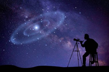 Yıldızlı gecede teleskopu olan gökbilimci silueti. Metin için boşluk