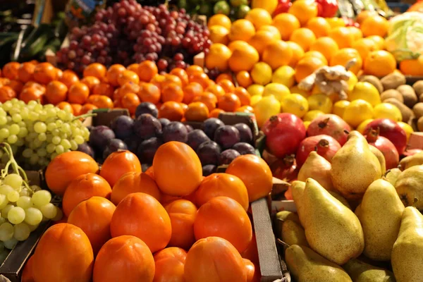 Many different fresh fruits on counter at wholesale market