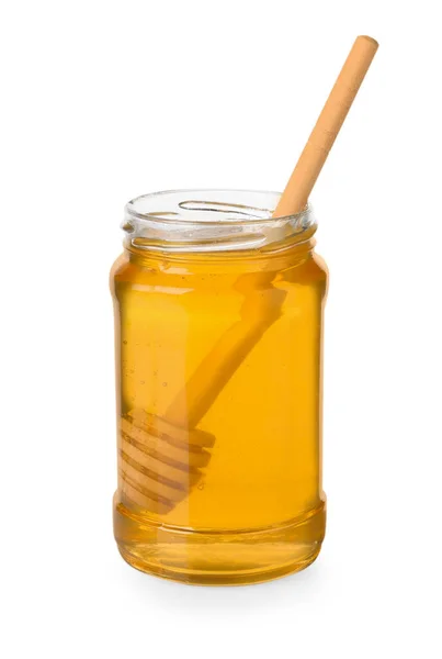 Smaklig Honung Och Dipper Glasburk Isolerad Vit — Stockfoto