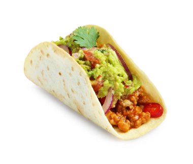 Guacamole ve sebzeli leziz taco.