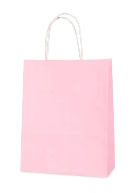 Bir açık pembe kağıt alışveriş çantası beyaza izole edilmiş.