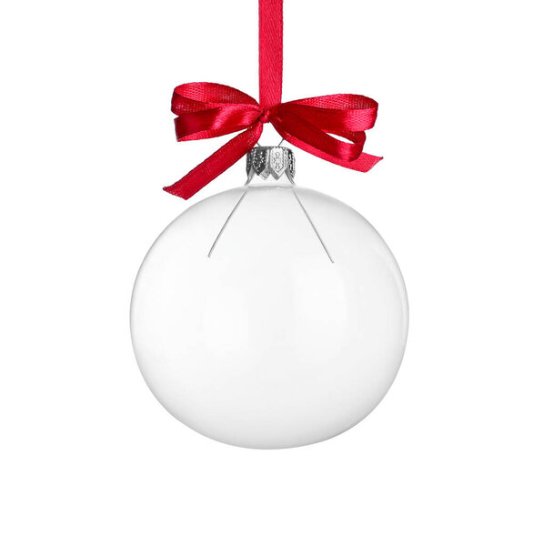 Transparent glass Christmas ball with red ribbon and bow isolated on white