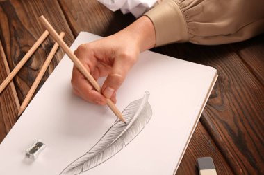 Ahşap masadaki çizim defterinde, grafit kalemle tüy çizen kadın.