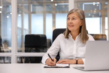 Not panosu ve laptopuyla gülümseyen kadın ofiste çalışıyor, mesaj için yer var. Avukat, iş kadını, muhasebeci ya da müdür.