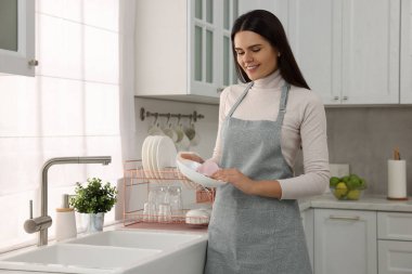 Mutfakta havluyla klozet temizleyen mutlu kadın, mesaj için yer var.