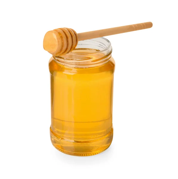 Tasty Honey Glass Jar Dipper Isolated White Stock Picture