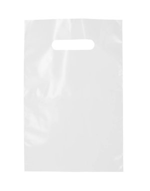 Beyaza izole edilmiş yeni bir plastik torba.