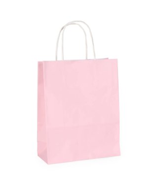 Bir açık pembe kağıt alışveriş çantası beyaza izole edilmiş.