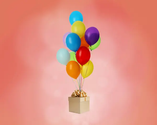 Many balloons tied to gift box on red background