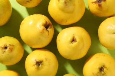 Açık yeşil zemin üzerinde taze ayva, düz yatıyordu.