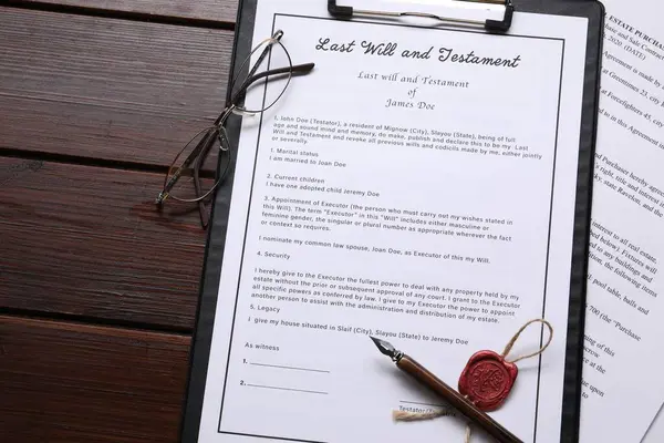Last Will and Testament with wax seal, glasses and pen on wooden table, flat lay. Space for text