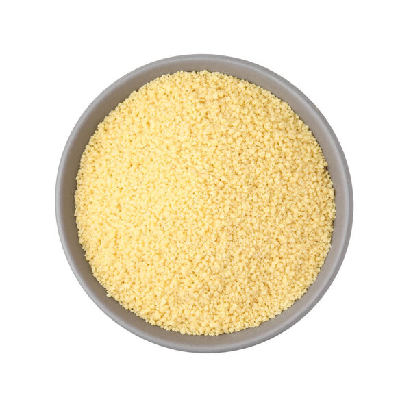 Raw couscous in bowl isolated on white, top view