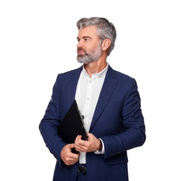 Beyaz arka planda panosu olan ciddi bir adamın portresi. Avukat, işadamı, muhasebeci ya da yönetici.