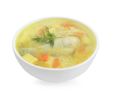 Beyaz tenceredeki leziz tavuk çorbası.