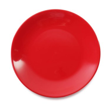 Bir kırmızı seramik tabak beyaz, üst görünümde izole