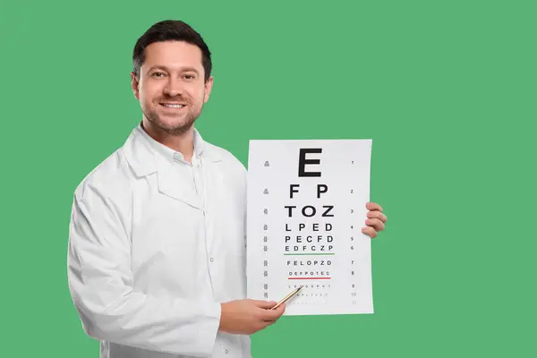 Ophthalmologist pointing at vision test chart on green background