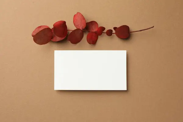 Blank business card and red eucalyptus branch on beige background, flat lay. Mockup for design