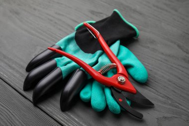 Gri ahşap masa üzerinde çift pençe bahçe eldivenleri ve secateurs, yakın plan