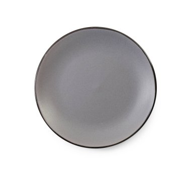 Bir gri seramik tabak beyaza izole edilmiş, üst manzara