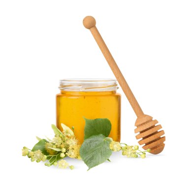 Bal cam kavanozda, ıhlamur ve ıhlamur çiçekleri beyaz