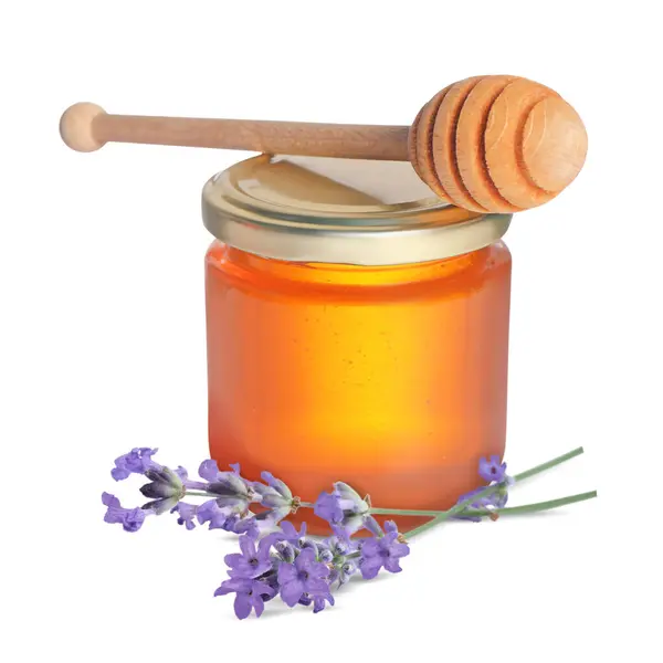 Honung Glasburk Dipper Och Lavendel Blommor Isolerade Vit — Stockfoto