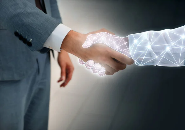 Businessman shaking hands with virtual partner, closeup. Illustration of digital hand