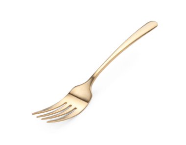 Parlak altın bir çatal beyazda izole edilmiş.