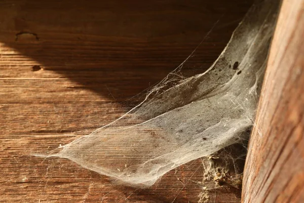 Staubige Spinnweben Auf Holzgebäuden Freien Nahaufnahme — Stockfoto