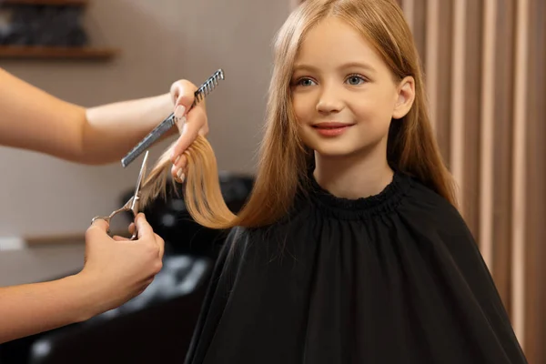 Professional hairdresser cutting girl\'s hair in beauty salon