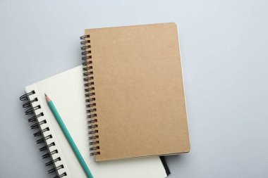 Açık gri arkaplan üzerine dizüstü bilgisayarlar ve kalem, üst görünüm